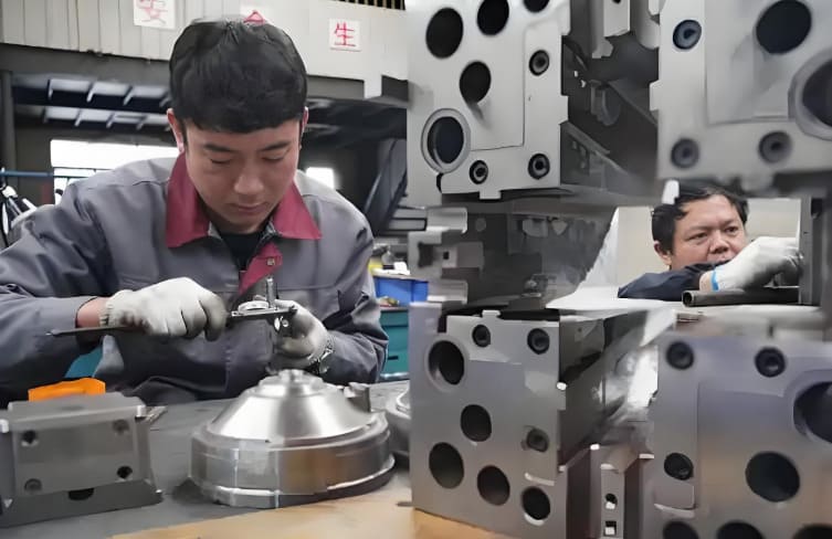 Engineers are inspecting the mold precision.